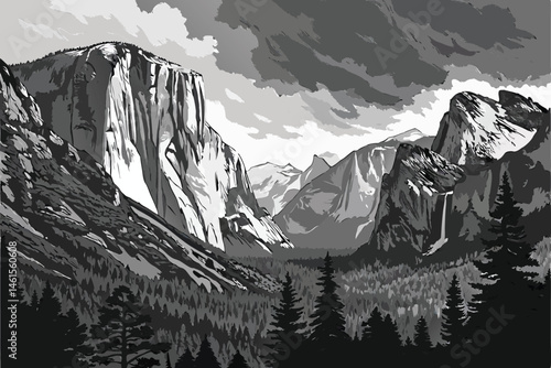 102 Black and white landscape photography, Yosemite National Park, El Capitan, Half Dome, dramatic clouds, majestic mountains, towering cliffs, dense pine forest, rugged terrain, scenic vista, high co