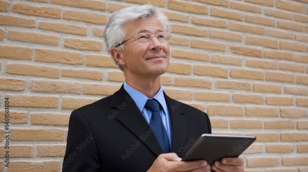 Businessman smiling while holding a tablet, standing against a textured brick wall in a professional setting.