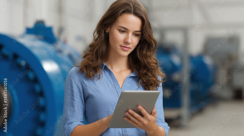 A woman uses a tablet in an industrial setting, surrounded by machinery, showcasing a blend of technology and workforce.