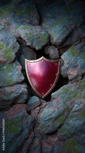 A red shield emerges from a cracked stone surface, symbolizing strength and protection in a rugged environment.