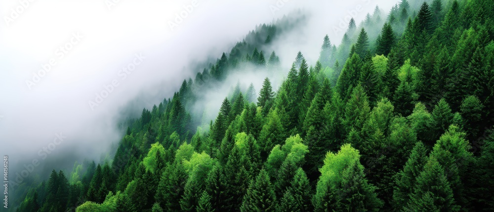 Lush green forest shrouded in mist, creating a serene and atmospheric landscape.