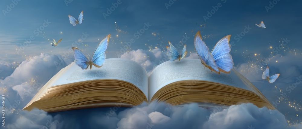 An open book floats in the clouds, surrounded by delicate butterflies, creating a whimsical and dreamlike atmosphere.