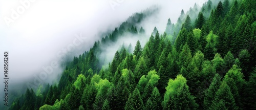 Obraz na płótnie Lush green forest shrouded in mist, creating a serene and atmospheric landscape. w salonie