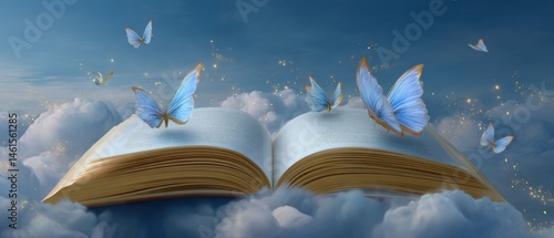 Obraz na płótnie An open book floats in the clouds, surrounded by delicate butterflies, creating a whimsical and dreamlike atmosphere. w salonie