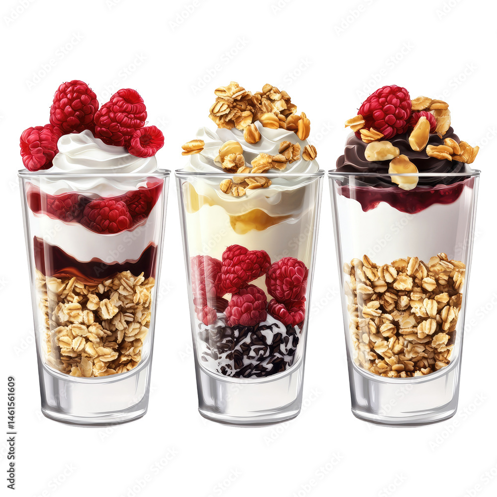 Delicious layered parfaits with granola, raspberries, and whipped cream Delicious layered parfaits with granola, raspberries, and whipped cream