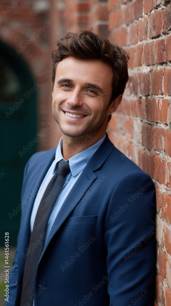 Smiling man in a suit leaning against a brick wall, exuding confidence and charm in an urban setting.