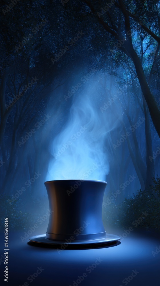A mysterious top hat emits swirling blue smoke in a dark, enchanted forest, creating an otherworldly atmosphere.