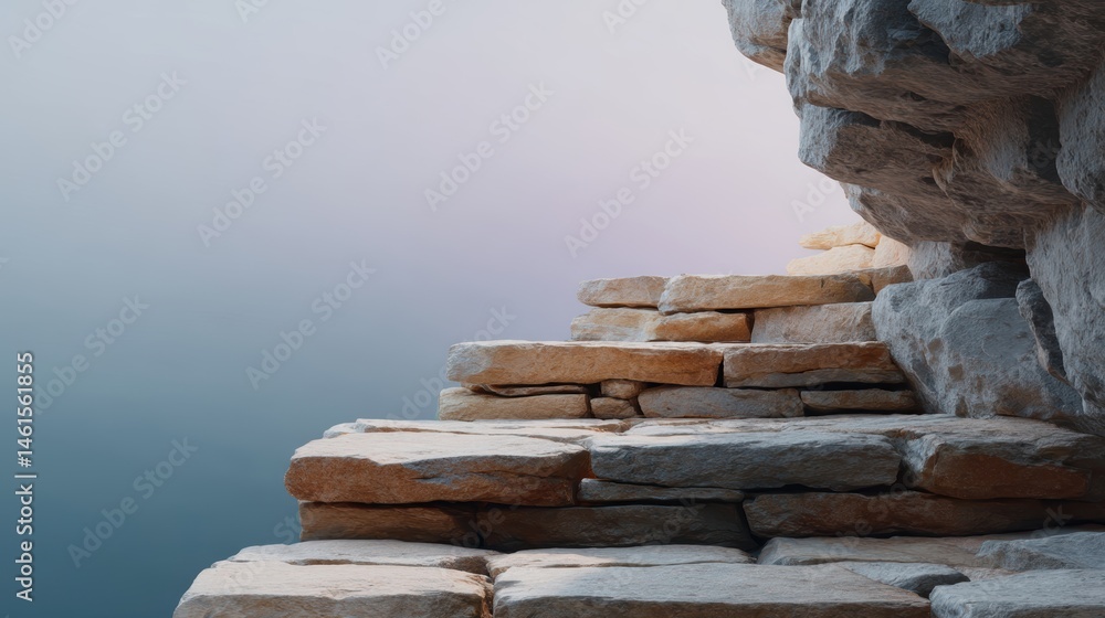 Stone steps lead to a tranquil water surface, creating a serene and calming atmosphere in nature.