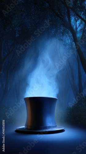 Obraz na płótnie A mysterious top hat emits swirling blue smoke in a dark, enchanted forest, creating an otherworldly atmosphere. w salonie