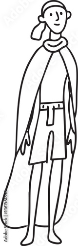 A slender figure stands in a flowing cape presenting a thoughtful expression.