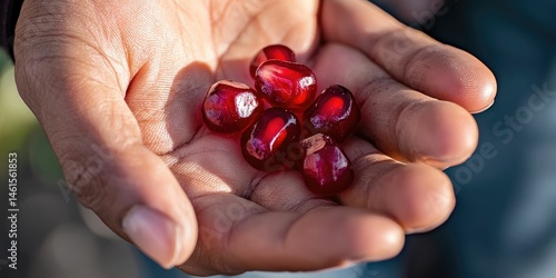 A hand holding a freshly picked pomegranate, its ruby-red seeds visible.