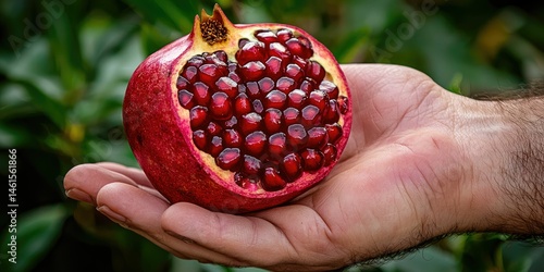 A hand holding a freshly picked pomegranate, its ruby-red seeds visible.