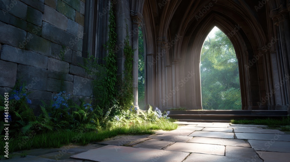 Obraz premium Light streams through an ancient archway, illuminating a stone pathway overgrown with lush greenery and delicate flowers.