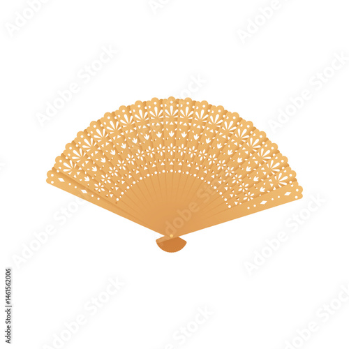 Vintage Japanese and Chinese bamboo hand fan decorated engraved ornament vector flat icon, Asian floral graven uchiwa