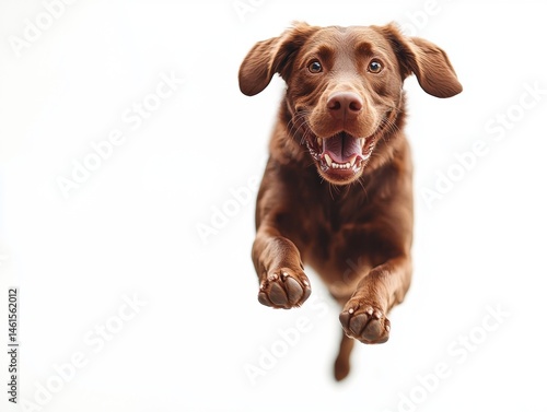 An excited brown labrador retriever dog enthusiastically jumps toward the camera with a happy expression on a bright white background outdoors.
