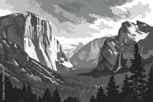 102 Black and white landscape photography, Yosemite National Park, El Capitan, Half Dome, dramatic clouds, majestic mountains, towering cliffs, dense pine forest, rugged terrain, scenic vista, high co