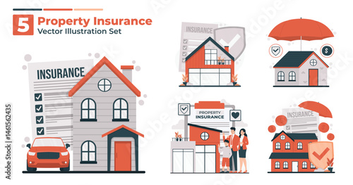 Property insurance illustration set showing home protection, shield symbol, house form, and safety coverage concept for residential assets