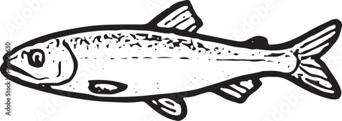 A hand-drawn black-and-white illustration of a herring with a streamlined shape. Perfect for fishing themes, wildlife art, or oceanic designs