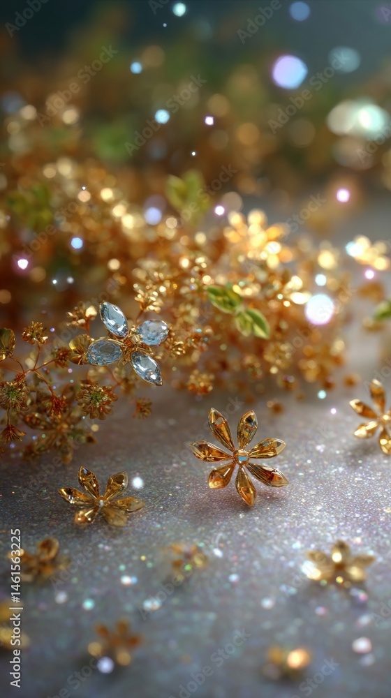 Sparkling golden flowers and shimmering elements create an enchanting, dreamy atmosphere.