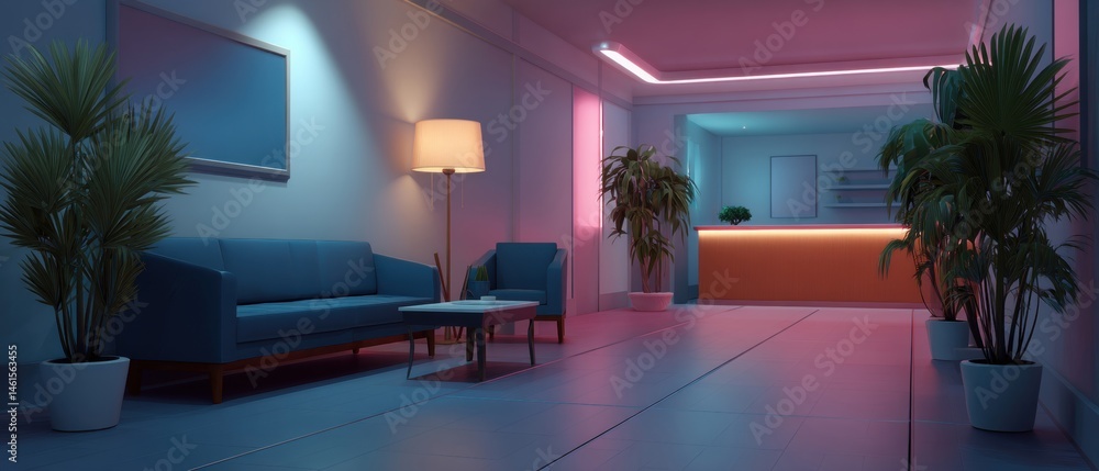 Modern interior design featuring a stylish reception area with ambient lighting, plants, and comfortable furniture.