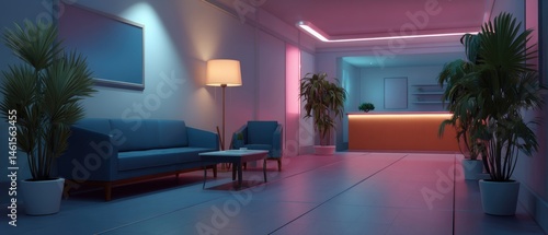 Modern interior design featuring a stylish reception area with ambient lighting, plants, and comfortable furniture.