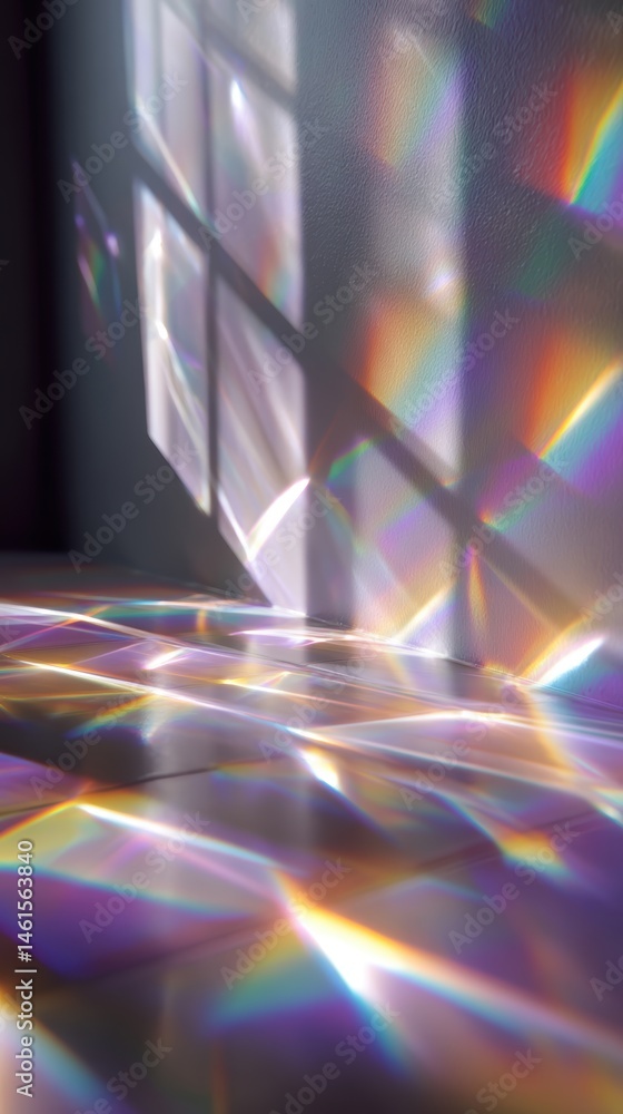 Light refracts through a window, casting colorful patterns on a surface, creating an artistic play of shadows and reflections.