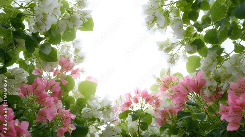 A vibrant view of blooming pink and white flowers framed by lush green leaves, creating a fresh, natural ambiance.