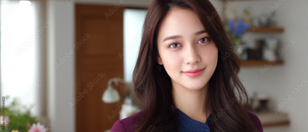 A young woman with long, dark hair smiles warmly in a bright, modern indoor setting filled with plants and soft lighting.
