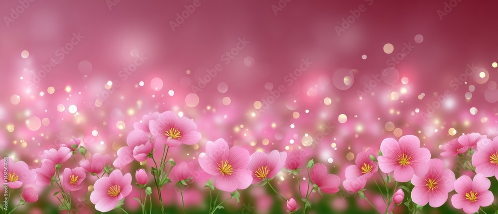 A vibrant field of pink flowers against a soft pink background, creating a dreamy and whimsical atmosphere.