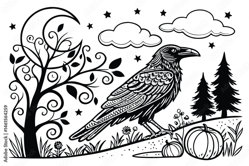Fototapeta premium 103 Black and white illustration, intricate crow artwork, detailed feather patterns, ornamental moon, silhouette bird, mystical night scene, swirling designs, decorative flora, pumpkins, stars, clouds