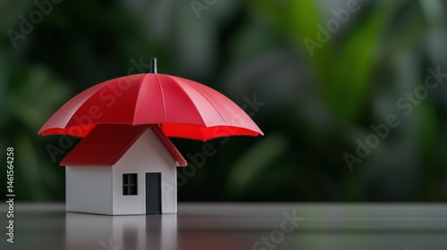Small model house covered by a red umbrella symbolizing home protection, insurance, or financial safety concept. 