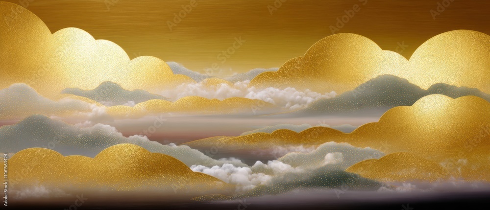 Golden clouds blend with a soft background, creating a serene and atmospheric landscape.