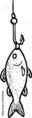 A hand-drawn black-and-white illustration of a fish caught on a hook. Ideal for fishing gear designs, sport graphics, or outdoor themes