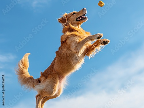 A playful golden retriever leaps excitedly into the air, reaching for a yellow ball against a clear blue sky on a bright, sunny day outside.