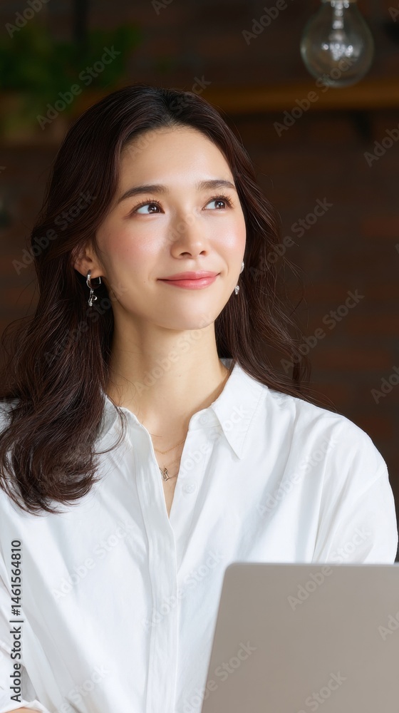 A woman with wavy hair smiles while looking thoughtfully at a laptop in a cozy, stylish workspace.