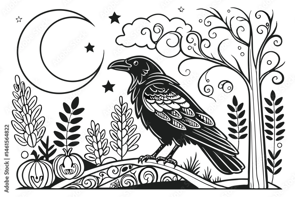 Fototapeta premium 103 Black and white illustration, intricate crow artwork, detailed feather patterns, ornamental moon, silhouette bird, mystical night scene, swirling designs, decorative flora, pumpkins, stars, clouds