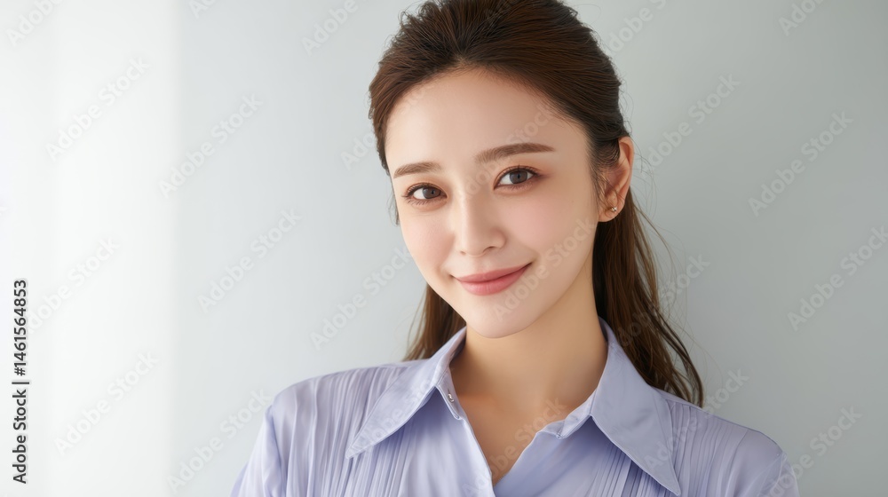 Smiling woman in a light blue blouse poses against a soft background, exuding warmth and confidence.
