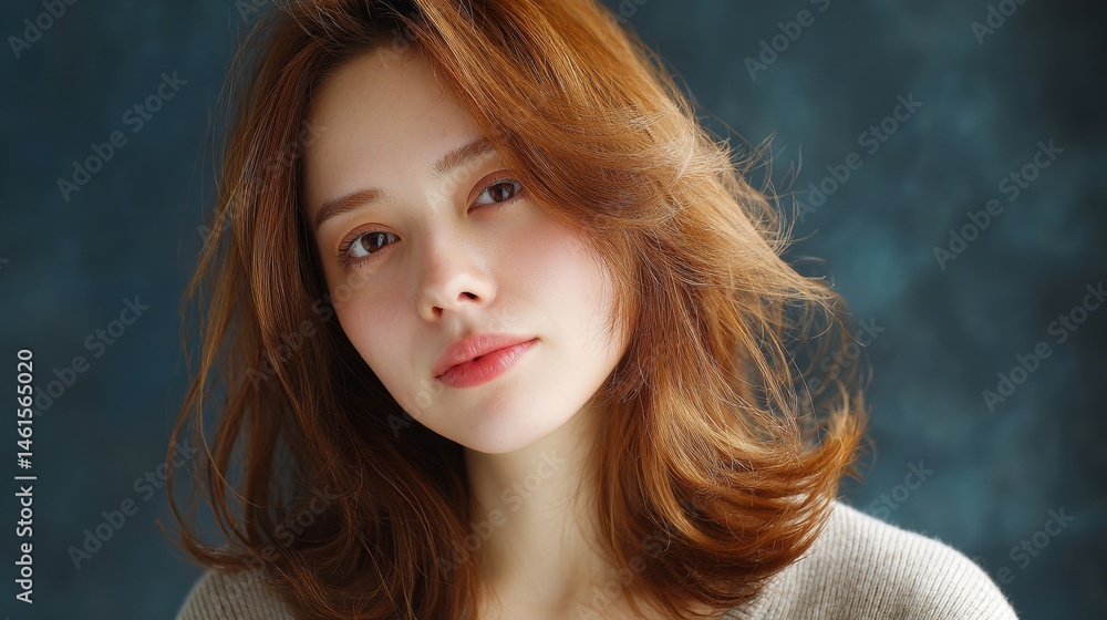 Portrait of a woman with soft features and long, wavy hair, set against a textured blue background.
