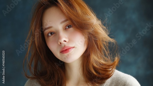 Obraz na płótnie Portrait of a woman with soft features and long, wavy hair, set against a textured blue background. w salonie