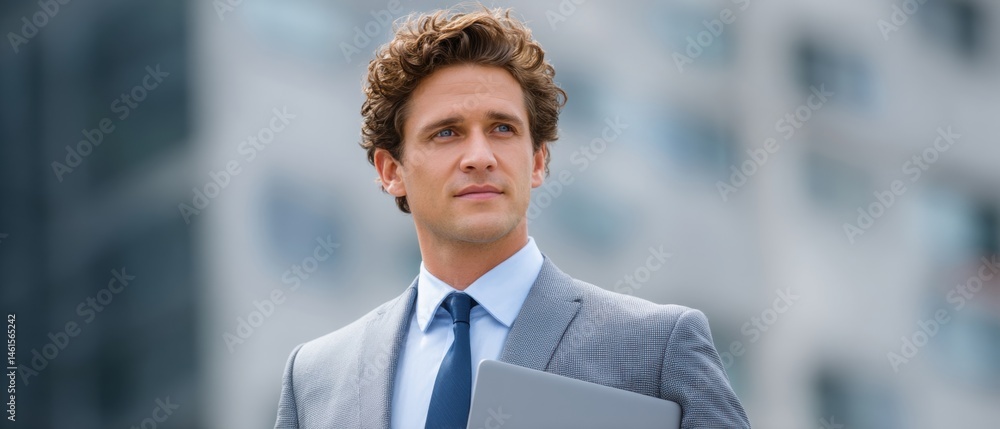 Business professional with curly hair, holding a laptop, standing confidently in an urban setting.