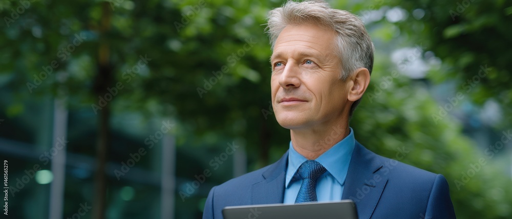 Business professional in a suit, standing outdoors among greenery, looking confidently into the distance.