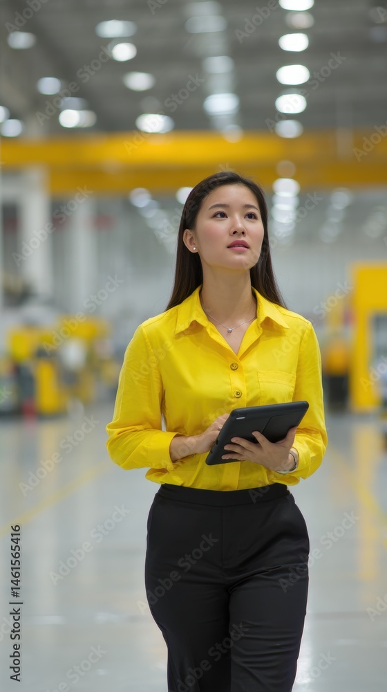 A professional woman in a yellow shirt walks through a modern warehouse, holding a tablet and looking focused.