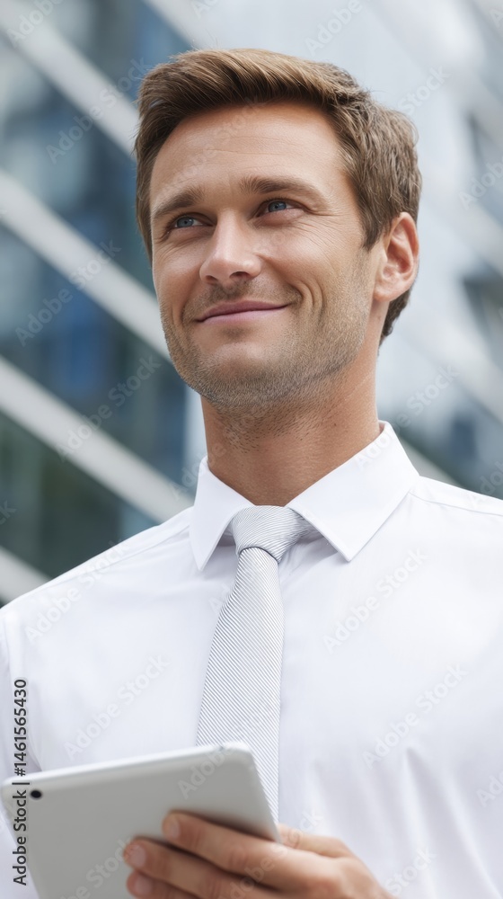 Confident man in a business setting smiles while holding a tablet, showcasing a modern professional vibe.