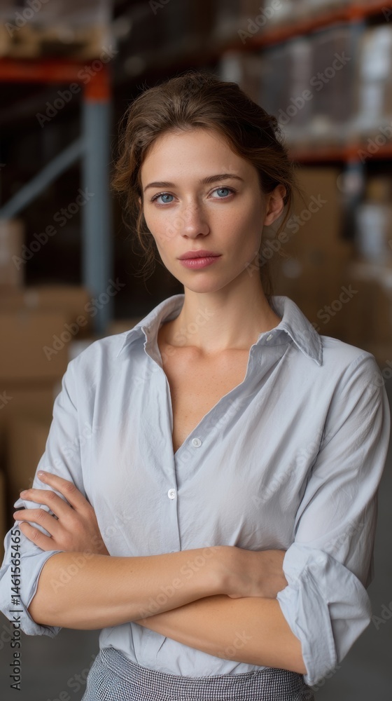 Confident woman with crossed arms stands in a warehouse, showcasing a professional demeanor in an industrial environment.