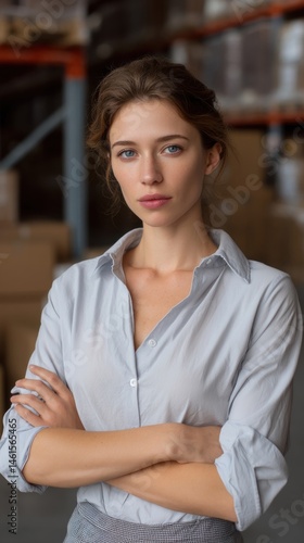 Obraz na płótnie Confident woman with crossed arms stands in a warehouse, showcasing a professional demeanor in an industrial environment. w salonie
