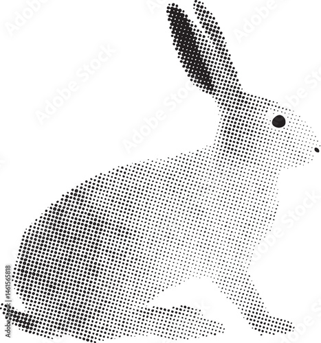 A black and white rabbit sits calmly in a seated pose.