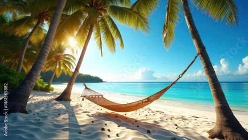 Playa remota de una isla tropical al amanecer con palmeras y una hamaca balanceándose