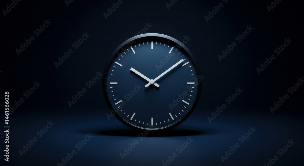 custom made wallpaper toronto digitalModern wall clock with dark navy blue face and white hands on a black frame. Stationary timepiece in a dark, studio setting. Generic home decor, interior design.