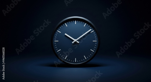 Wallpaper Mural Modern wall clock with dark navy blue face and white hands on a black frame. Stationary timepiece in a dark, studio setting. Generic home decor, interior design. Torontodigital.ca