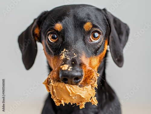 A cute tan and black dachshund breed dog eagerly holds a large glob of peanut butter in its mouth with some smeared on its nose and face.